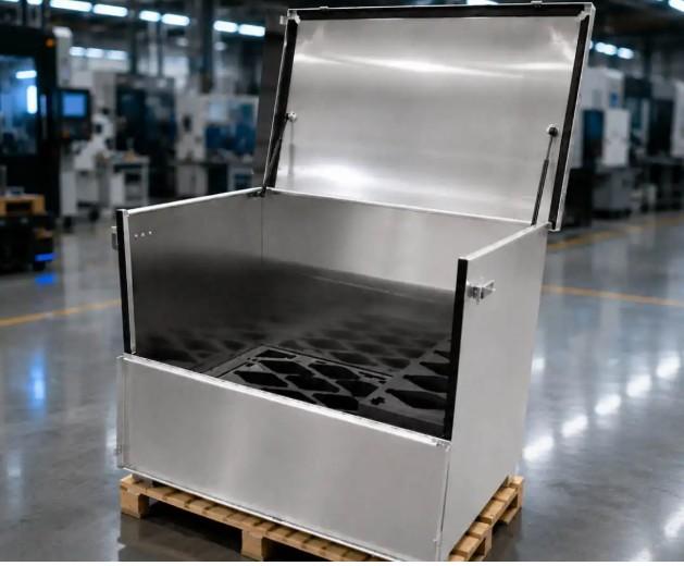 Aluminiumsbeholder med hængslet front til tunge industrielle komponenter